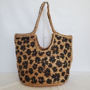 TOTE BAG BRAIDED ROPE TWIN VACATION CRUISE BEACH TAN BLACK FLOWERS WOMENS (OS)